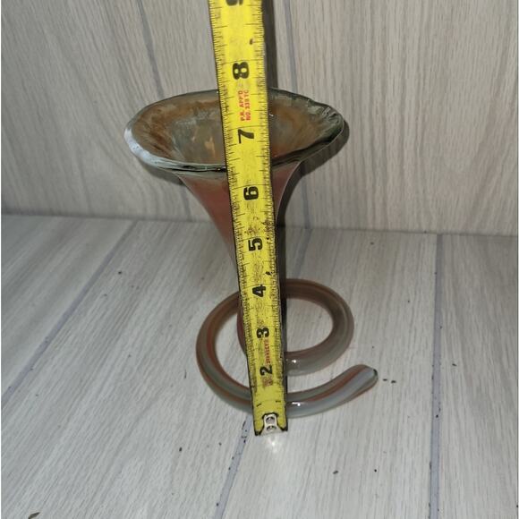 Vtg 70s Elegant Swirl Blown Glass Tulip/Trumpet Vase - Orange Green Art Glass - Picture 3 of 7